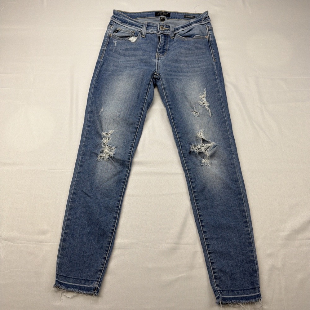 Judy Blue Jeans Womens 5/27 Blue Skinny Fit Distressed Raw Hem Stretch Denim